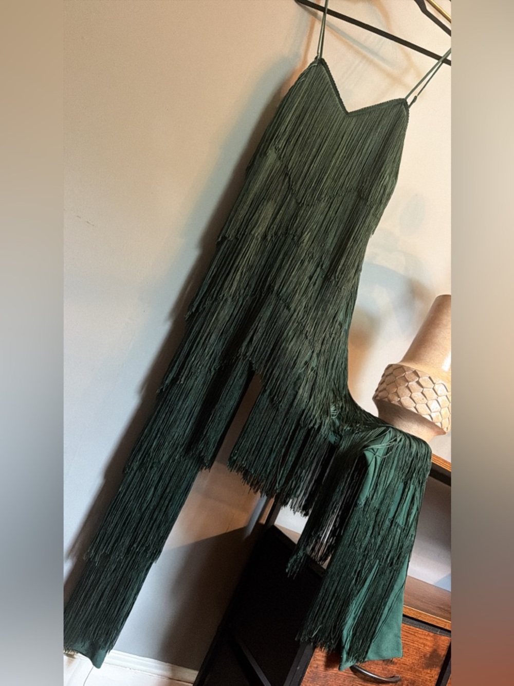 PrettyLittleThing Dark Green Fringe Jumpsuit